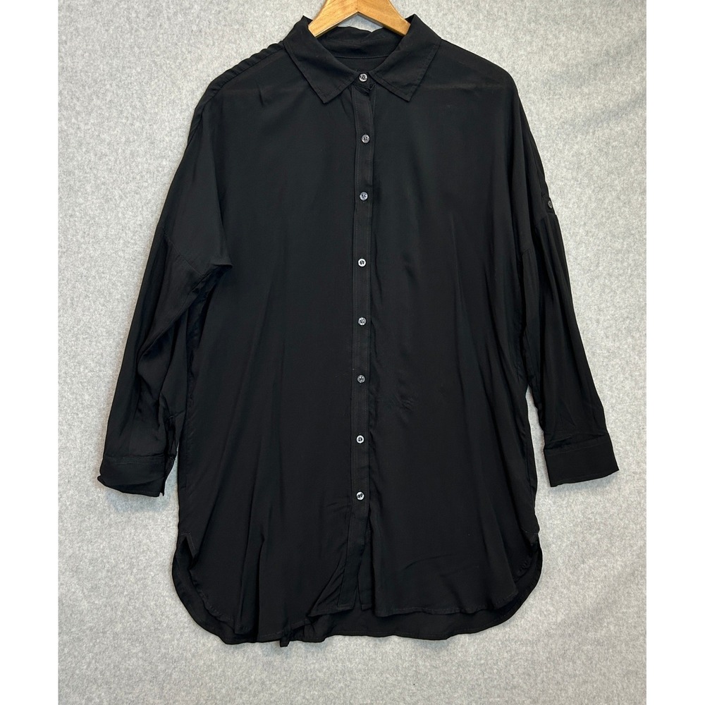 Lands' End Button Down Tunic Top Black Rayon Long Sleeve Shirt Womens XS / S